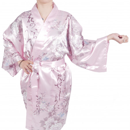 hanten kimono traditionnel japonais rose en satin poésies et fleurs pour femme