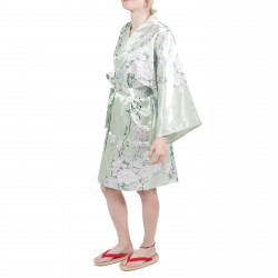 hanten kimono traditionnel japonais turquoise en satin poésies et fleurs pour femme