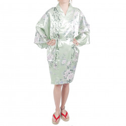 hanten traditioneller japanischer türkisfarbener Kimono in Satinpoesie und Blumen für Frau