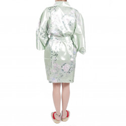 hanten traditional japanese turquoise kimono in satin poetry and flowers for woman