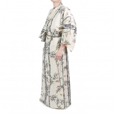 Japanese traditional white cotton yukata kimono bamboo and sparrow for women