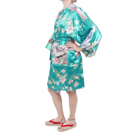 hanten traditional japanese turquoise kimono in polyester dynasty under the cherry blossom for women