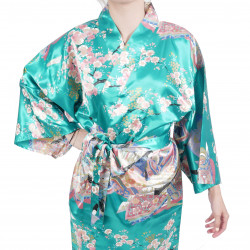 hanten traditional japanese turquoise kimono in polyester dynasty under the cherry blossom for women