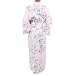 Japanese traditional pink cotton yukata kimono white cherry blossoms for women