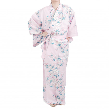 Japanese traditional pink cotton yukata kimono white cherry blossoms for women