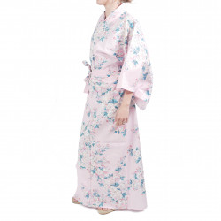 Kimono yukata di cotone rosa tradizionale giapponese fiori di ciliegio bianchi per donna