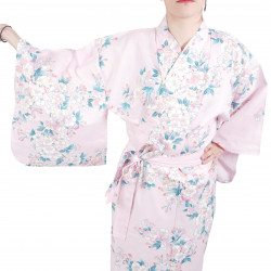 Kimono yukata di cotone rosa tradizionale giapponese fiori di ciliegio bianchi per donna