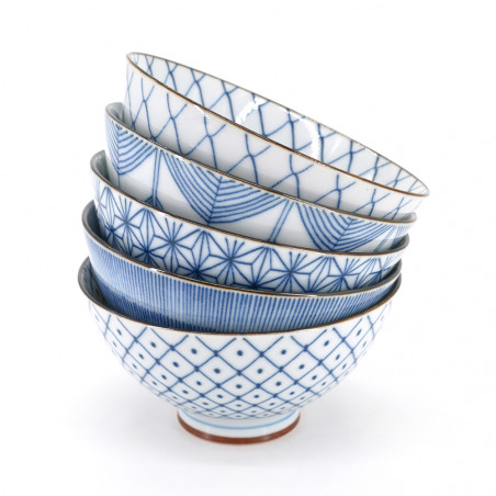 Set of 5 Japanese blue and white ramen bowls - BORU SETTO