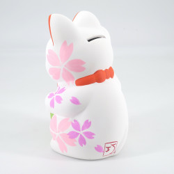 Gatto fortunato manekineko giapponese, SAKURA, fiori bianchi e rosa