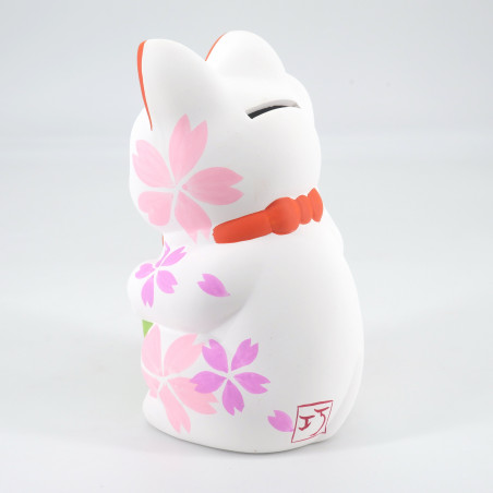 Chat porte-bonheur japonais manekineko, SAKURA, blanc et fleurs roses