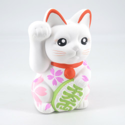 Gato de la suerte japonés manekineko, SAKURA, flores blancas y rosas