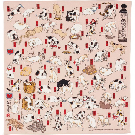 Japanese Furoshiki in Chirimen rayon, NEKO TOKAIDO, The 53 stations of pink Tokaido