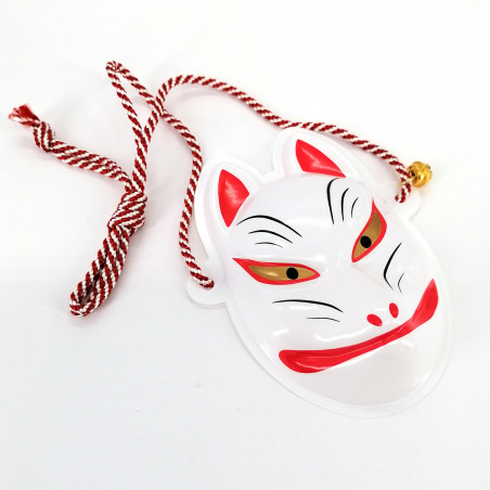 Mini masque de renard japonais traditionnel, KITSUNE, blanc et yeux dorés