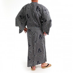 Kimono de algodón yukata japonés azul gris, SHIKI, kanji cuatro estaciones