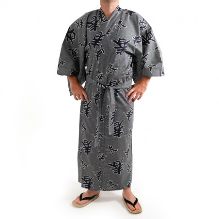 kimono yukata traditionnel japonais bleu gris en coton kanji quatre saisons pour homme