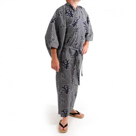 Kimono de algodón yukata japonés azul gris, SHIKI, kanji cuatro estaciones