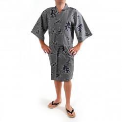 yukata kimono giapponese blu in cotone, SHIKI, kanji quattro stagioni