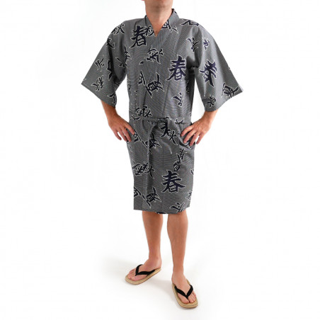 yukata kimono japonés algodón azul, SHIKI, kanji cuatro estaciones