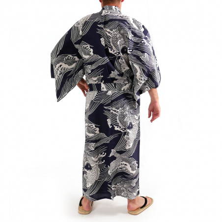 yukata kimono japonés algodón azul, KOI, carpa