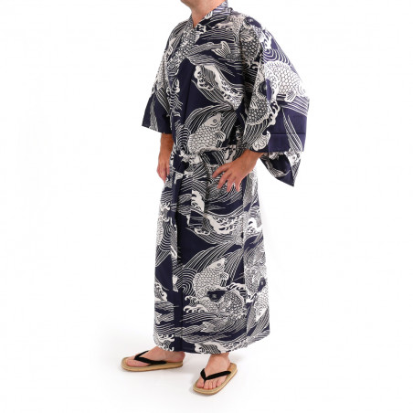 Japanese traditional blue navy cotton yukata kimono carp for men