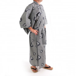 giapponese yukata kimono di cotone grigio-blu, SHÔGI, kanji king shogi