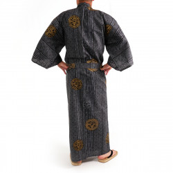 Japanese traditional black cotton yukata kimono ancient coins for men