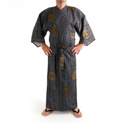 Japanese traditional black cotton yukata kimono ancient coins for men