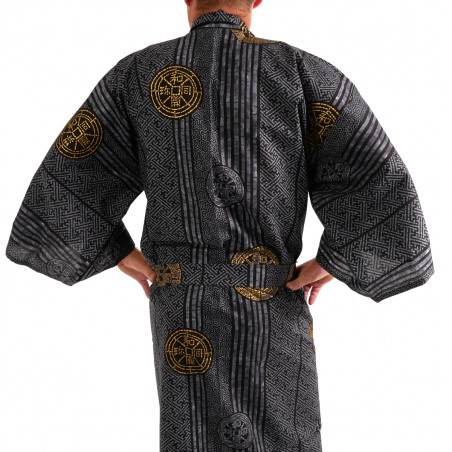 Japanese traditional black cotton yukata kimono ancient coins for men