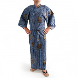 Japanese traditional blue cotton yukata kimono ancient coins for men