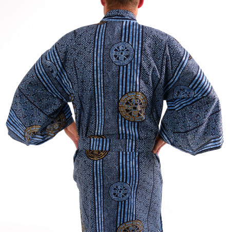 Japanese traditional blue cotton yukata kimono ancient coins for men