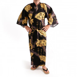 Japanese traditional black kimono in cotton sateen gold folding fans for men