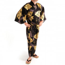 Kimono negro japonés para hombre., SENSU, abanicos de oro