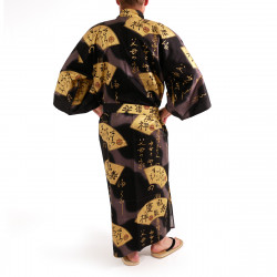 japanischer herren schwarzer kimono, SENSU, Goldfans