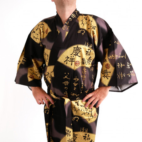 japanischer herren schwarzer kimono, SENSU, Goldfans