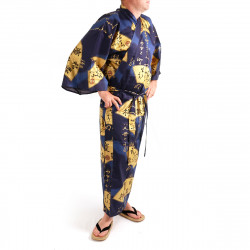 Japanese traditional blue kimono in cotton sateen gold folding fans for men