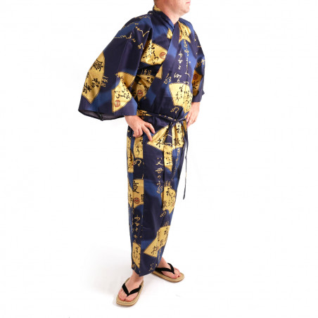 Kimono blu giapponese per uomini, SENSU, fan d'oro