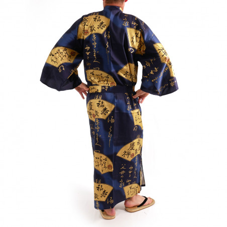 japanischer herren blauer kimono, SENSU, Goldfans