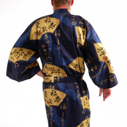 Kimono bleu traditionnel japonais pour homme eventails en or coton satin