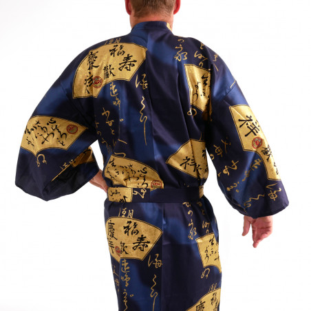 Japanese traditional blue kimono in cotton sateen gold folding fans for men