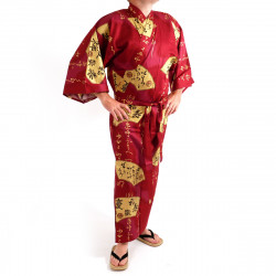 Kimono rouge traditionnel japonais pour homme eventails en or coton satin