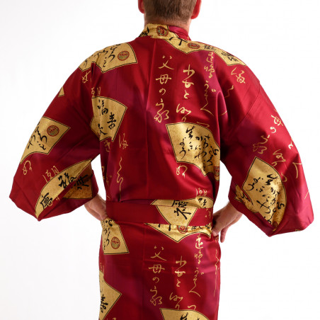 japanischer herren roter Yukata-Kimono, SENSU, Goldfans