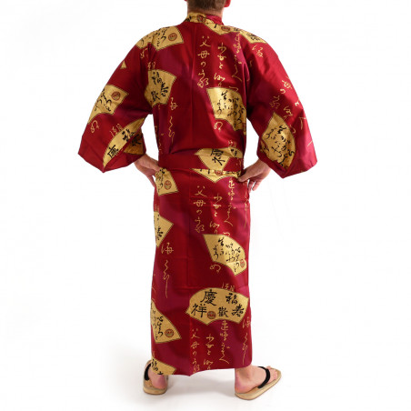 japanischer herren roter Yukata-Kimono, SENSU, Goldfans