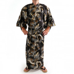 kimono yukata traditionnel japonais noir en coton dragon et faucon pour homme