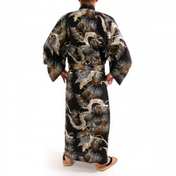 kimono yukata giapponese nero  in cotone, TAKATORYÛ, drago e falco