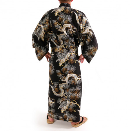 Japanese traditional black cotton yukata kimono dragon and hawk for men