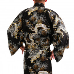 kimono yukata traditionnel japonais noir en coton dragon et faucon pour homme