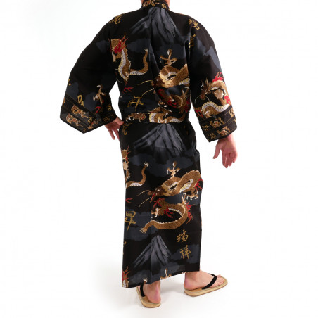 kimono yukata traditionnel japonais noir en coton dragon et mont fuji pour homme