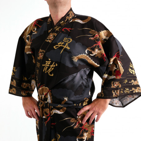 kimono yukata giapponese nero  in cotone, FUJIRYÛ, drago e monte fuji