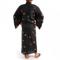 kimono yukata giapponese nero  in cotone, DIAMOND, diamante e kanji