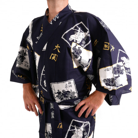 kimono yukata traditionnel japonais bleu en coton lutteur sumo et kanji pour homme